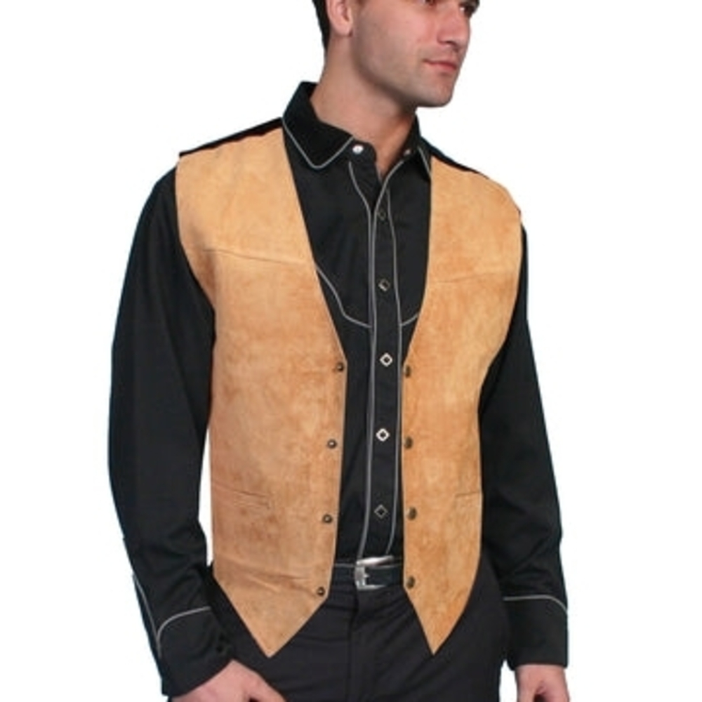 Scully Leather Mens Western Boar Suede Snap Front Vest Bourbon